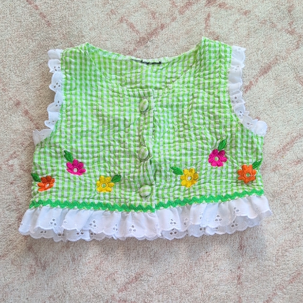 Green Gingham Floral Embroidered Baby Top Vest